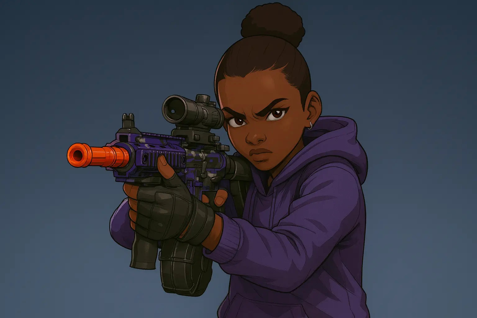 Character in a purple hoodie holding cosmic skin water gun