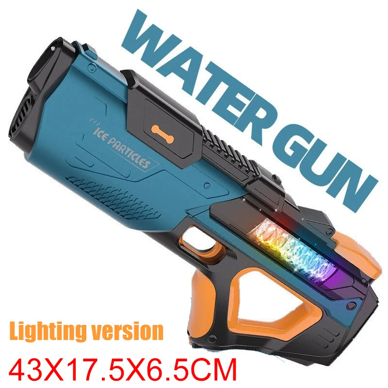 Blue and orange water gun with 'Ice Particles' branding on a white background