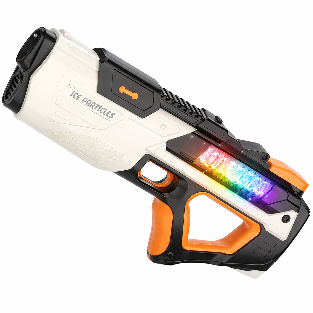 Toy gun with colorful LED display on a white background