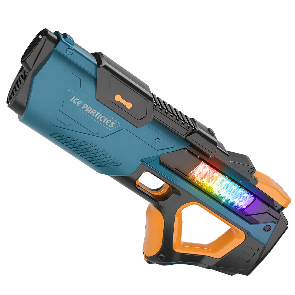 Toy gun with colorful light effects on a white background