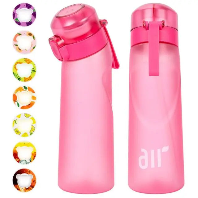 Pink water bottle with colorful lid options on a white background