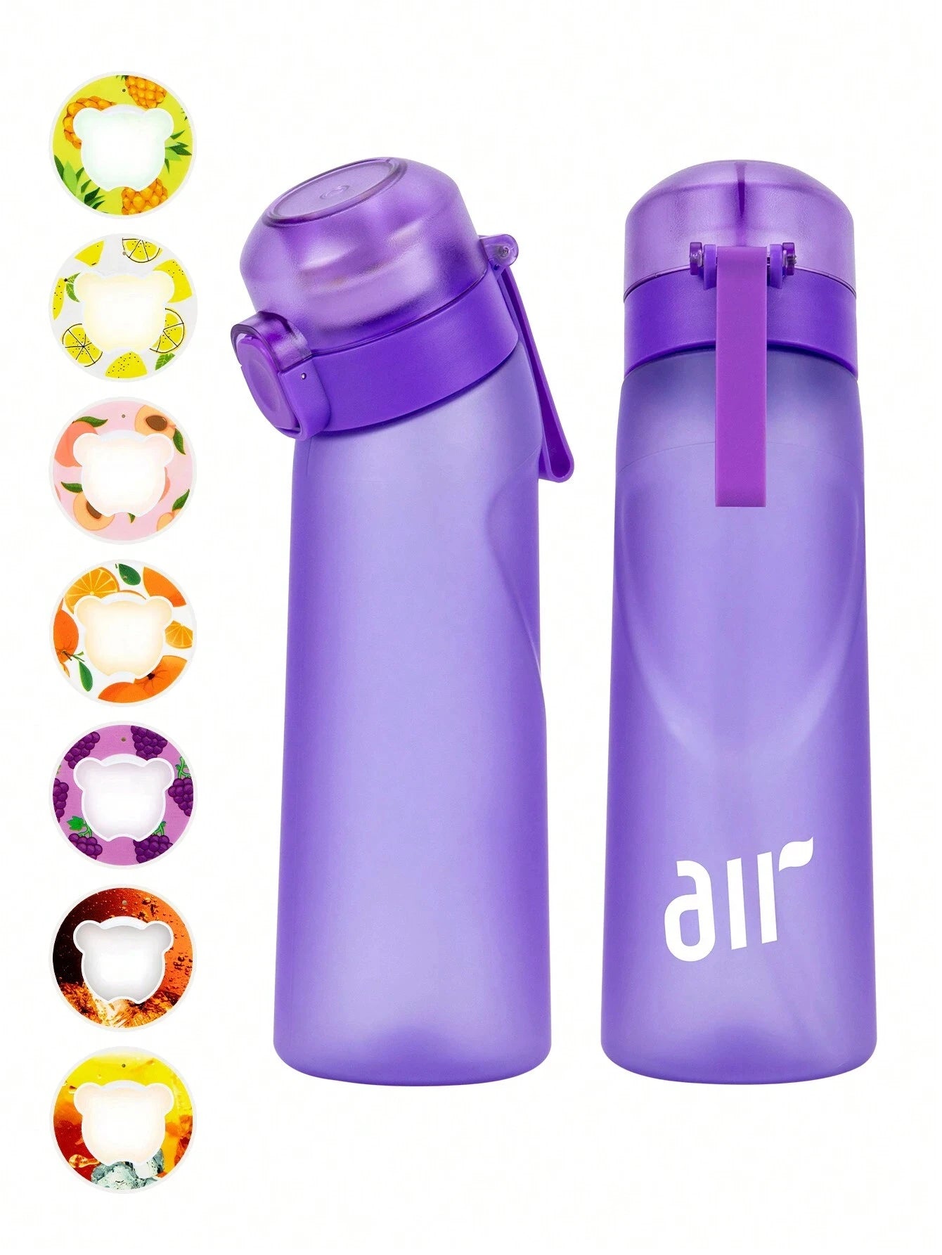 Purple water bottles with colorful lid options on a white background