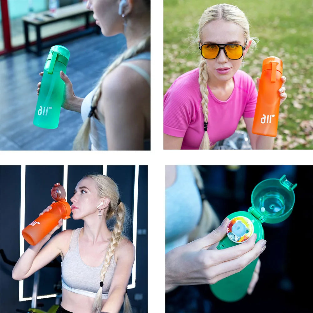 Collage of a woman holding and using different colored water bottles with 'air' branding.
