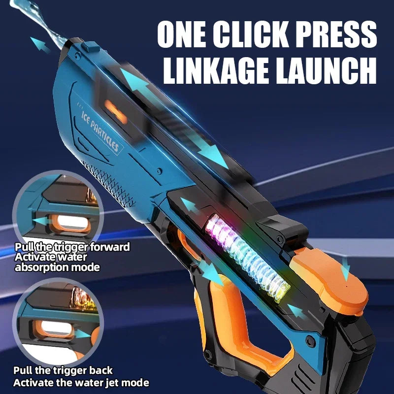 Water gun with blue and orange design on a dark blue background, featuring text about its features.