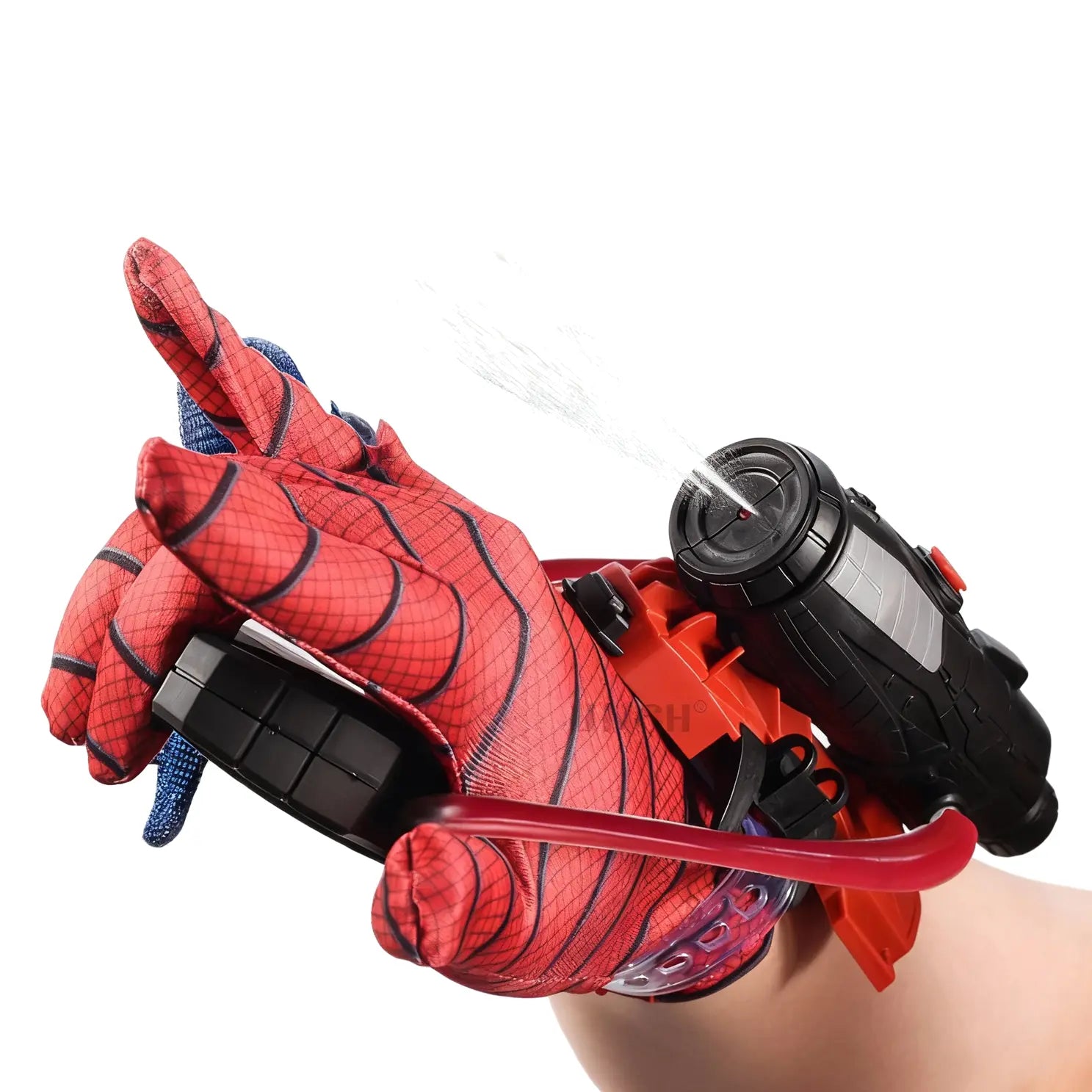 Red and blue spider-patterned (Spider-Man) glove with a black device on a white background