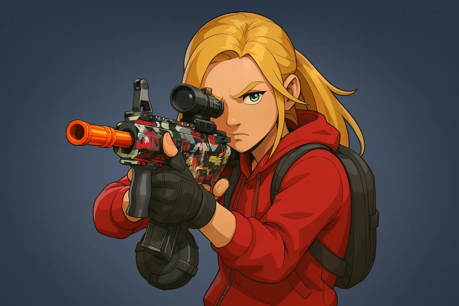 Character in a red hoodie holding crimson skin water gun