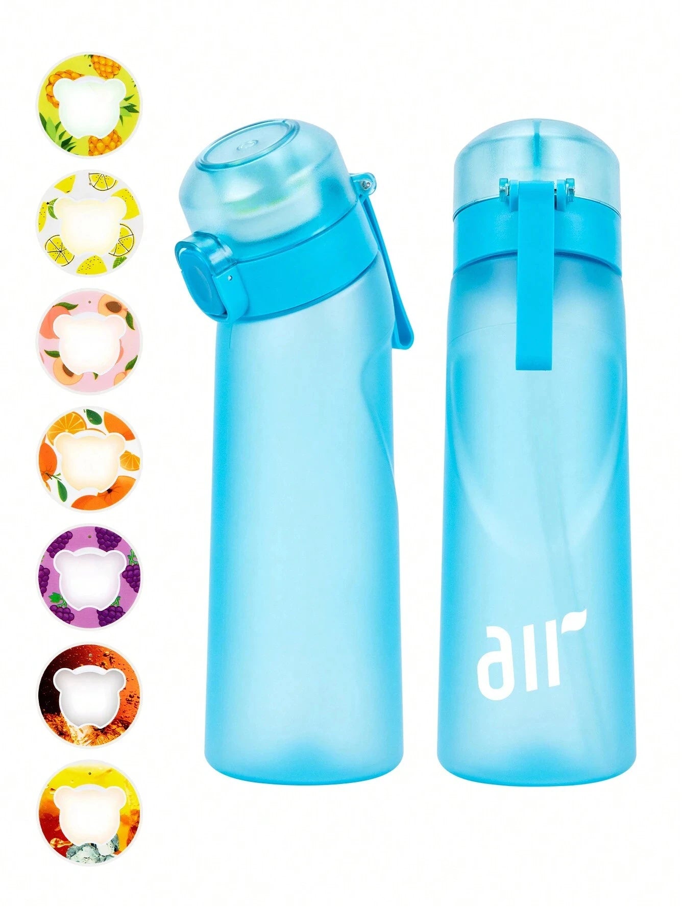 Blue water bottle with colorful lid options on a white background