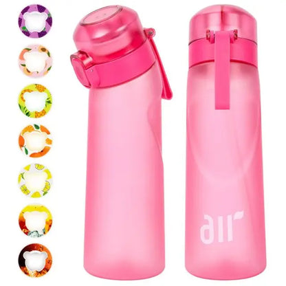 Pink water bottle with colorful lid options on a white background