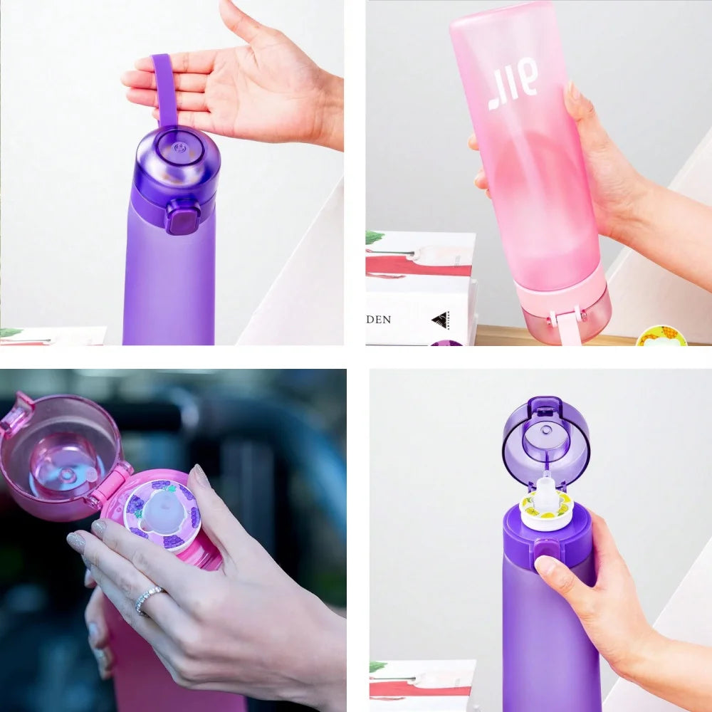 Collage of a pink and purple water bottle with a lid being held and used.