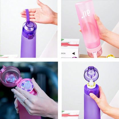 Collage of a pink and purple water bottle with a lid being held and used.