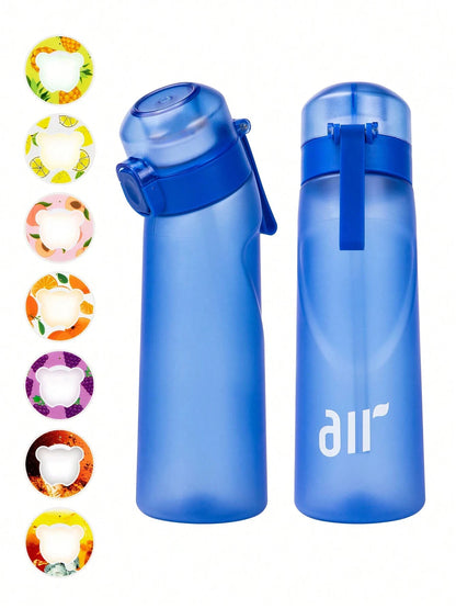 Two blue water bottles with colorful lid options on a white background