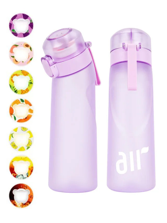 Purple water bottle with colorful lid options on a white background