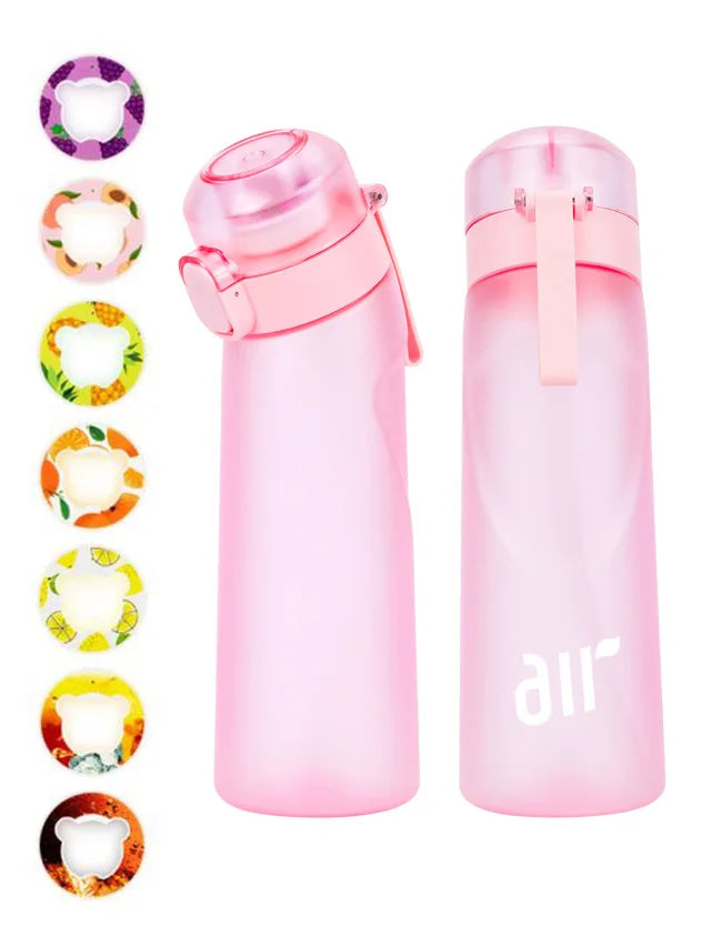 Pink gradient water bottles with colorful lid options on a white background