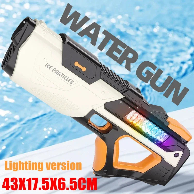 Toy water gun with colorful LED lights on a water background