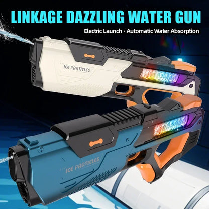 Two water guns with colorful LED lights on a dark background