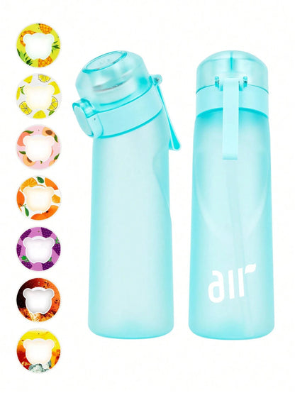 Light blue water bottle with colorful lid options on a white background