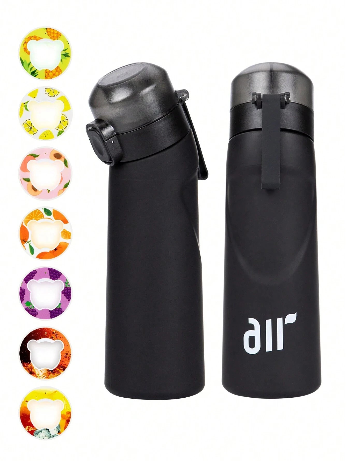 Black water bottles with colorful silicone wraps on a white background