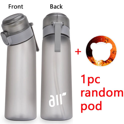 Silver water bottle with 'air' branding shown from front and back, with a random pod graphic on a white background.
