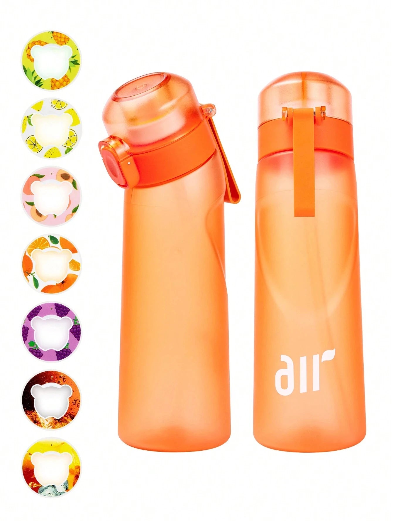 Orange water bottle with colorful lid options on a white background