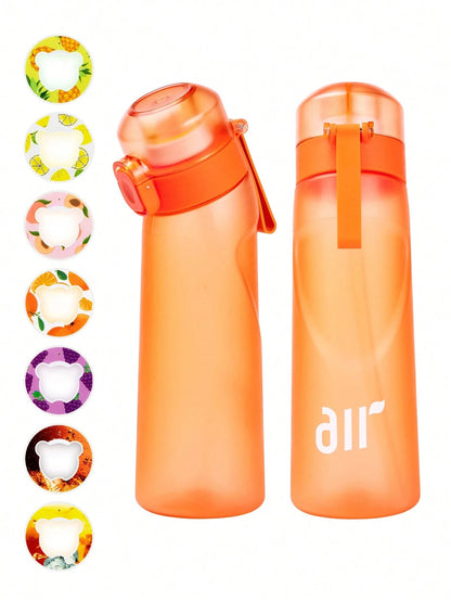 Orange water bottle with colorful lid options on a white background