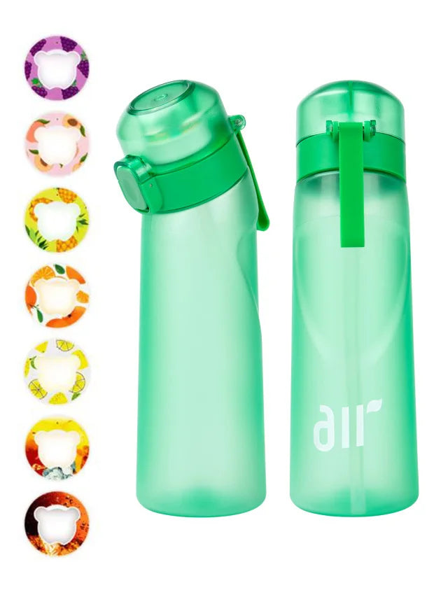 Green water bottles with colorful lid options on a white background