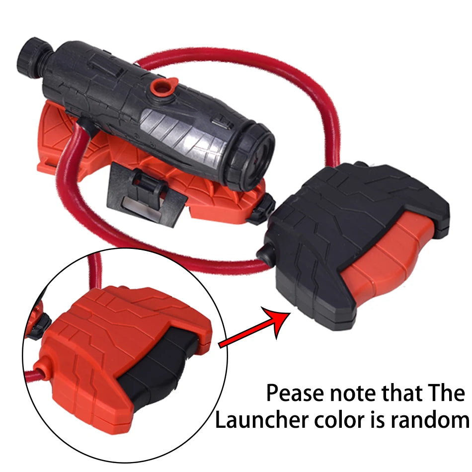 Red and black launcher with a close-up inset on a white background