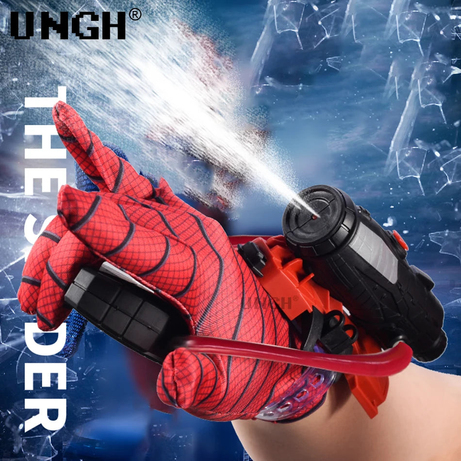 Spider-themed glove with a spray nozzle against a dynamic background